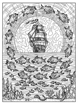 Fish and ship. Black and white mystic concept for Lenormand oracle tarot card.