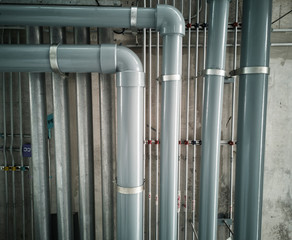 Sewer system installed on the ceiling and through the floor to the upper floor.