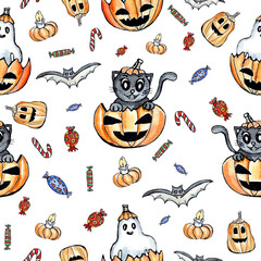 Fototapeta na wymiar Happy Halloween pattern. Hand drawn, halloween background, black cat in pumpkin, ghost, bat, sweets. Design for halloween party, gift paper, wallpaper, covering design.