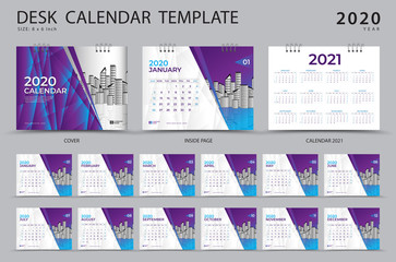 Desk calendar template 2020, Calendar 2021, , Set of 12 Months, Planner, Week starts on Sunday, Stationery design, advertisement, Vector layout, Purple cover design, business brochure flyer