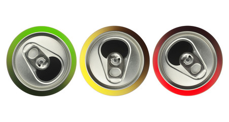 Green, yellow, red water cans on white background