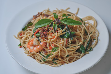 Spaghetti with Spicy Mixed Seafood Thai Style