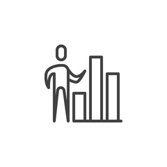 Business graph presentation line icon. linear style sign for mobile concept and web design. Man and Column chart outline vector icon. Symbol, logo illustration. Vector graphics