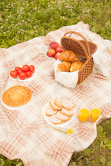 Croissant basket and fruit picnic outdoors in the park