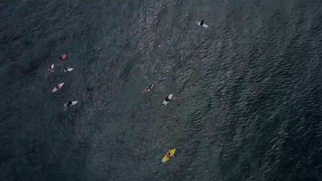 A group of surfers surfing on the northshore of Oahu, Hawaii.