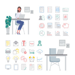 パソコンで仕事をする女性　イラスト　アイコン　セット