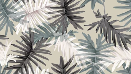 Poster Botanical seamless pattern, green, black and white Philodendron bipinnatifidum on light brown, pastel vintage theme © momosama