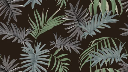 Muurstickers Botanical seamless pattern, bamboo palm and Philodendron bipinnatifidum on dark brown, pastel vintage theme © momosama