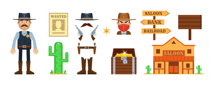 Set of cartoon cowboy character with different western design or game elements. Icons of cactus, gun, treasure chest, saloon, cowboy hat, road sign and other elements. Simple vector illustration