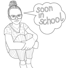 illustration of a cute girl hugging her knees with her hands