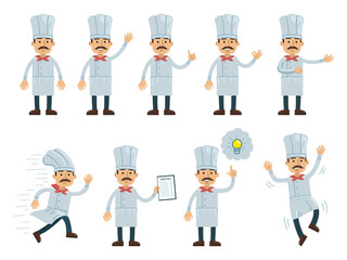 Set of cook characters posing in different situations. Cheerful cook showing different hand gestures, running, jumping, pointing up, holding clipboard. Flat style vector illustration