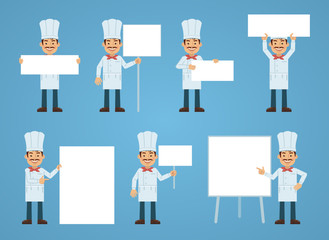 Set of cook characters posing with different blank banners. Cheerful cook holding placard, paper, poster, pointing to whiteboard, teach, promote. Flat style vector illustration