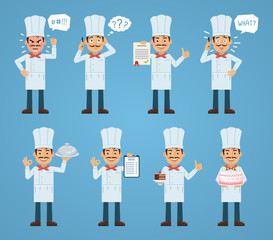 Set of cook characters posing in different situations. Cheerful cook talking on phone, surprised, thinking, holding document, menu, cake, platter, document, angry. Flat style vector illustration
