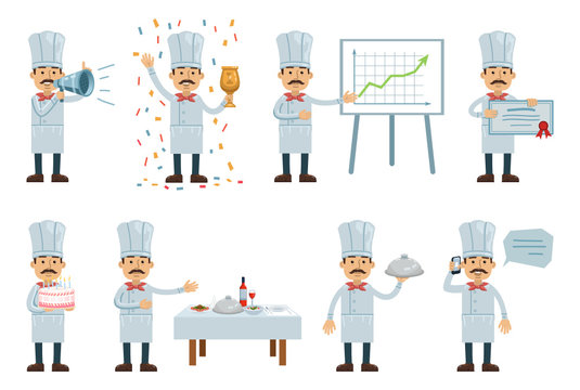 Set of cook characters posing in different situations. Cheerful cook serving dishes, talking on phone, holding loudspeaker, cake, winners cup. Flat style vector illustration