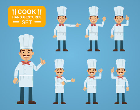 Set of cook characters showing different hand gestures. Cheerful cook showing thumb up gesture, waving, greeting, pointing up, victory sign. Flat style vector illustration