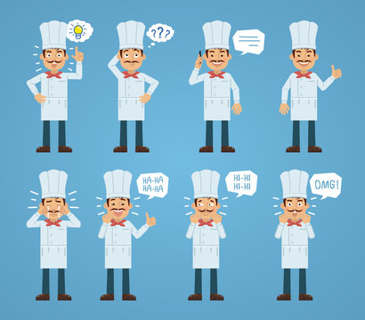 Set of cook characters posing in different situations. Cheerful cook talking on phone, pointing up, thinking, laughing, crying, surprised. Flat style vector illustration
