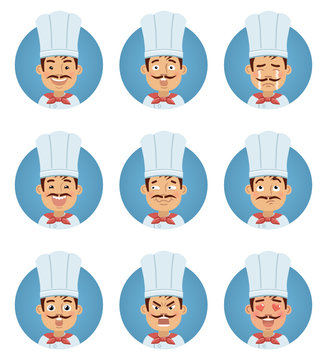 Set of cook emoticons. Man avatars showing different emotions. Happy, smile, sad, cry, angry, love, surprised, upset, laugh and other facial expressions. Flat style vector illustration
