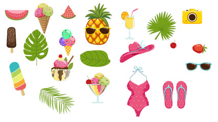 Set of hand drawn travel doodle. Vector illustration. Tourism and summer sketch with travelling elements compass, bikini, sunglasses, camera, cocktail, ticket.