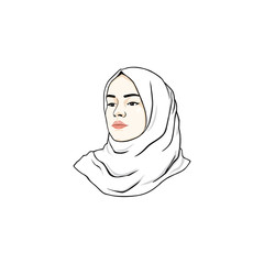 Beautiful Moslem Girl White Hijab Line Art Vector Design. Logo, Icon, Sign, Illustration Template