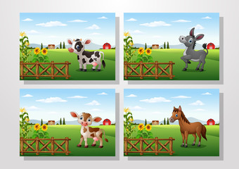 Naklejka premium Cartoon happy animal with farm background collections set