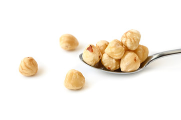 Hazelnut in a spoon on white background - isolated
