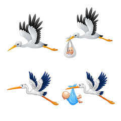 Cartoon stork with baby collections