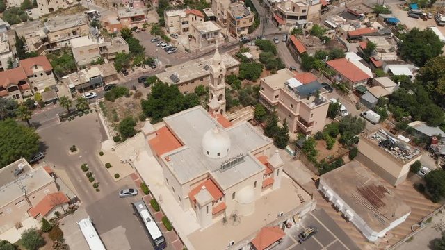 Main Maronite church in the city of Jish, Upper Galilee (Israel). View from the drone.