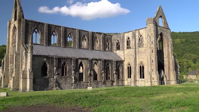 Tintern Abbey, Monmouthshire, Wales. Ruins of Cistercian monastery. Slow pan'