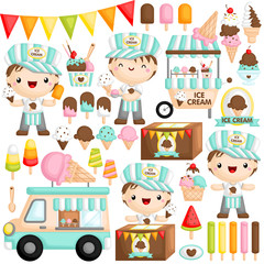A Vector Set of Cute Boy Ice Cream Seller who is Happily Selling Various Ice Cream