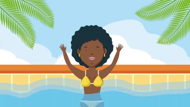 young afro woman in the pool summer time