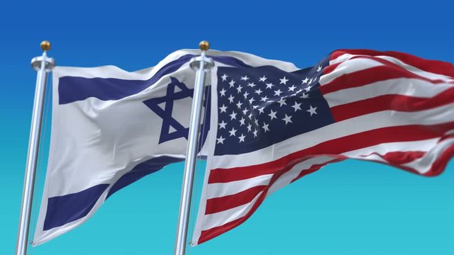 4k Seamless United States of America And Israel Flags with blue sky background;A fully digital rendering;The flag 3D animation loops at 20 seconds;USA US ISR IL.