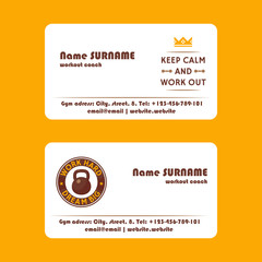 Workout coach fitness exercise business card, vector illustration. Instructor, Assistant, Personal Training for bodybuilding, sportsman and health workout visiting card.