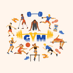 Sports in gym and sportsmen performing exercises vector illustration. Sporting runners, jumpers, athletes and disk throwing cartoon characters. Sport accessories.