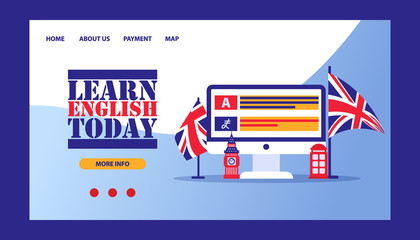 Time to learn english- british flag with computer online learning concept, vector illustration. Study and learn english course online.