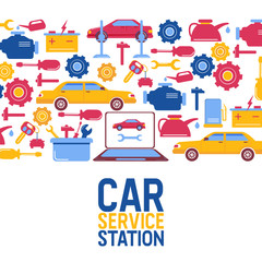 Car repair, maintenance, vehicles diagnostics vector illustration. Repairing service poster with cars, wheel balancing, diagnostic instruments, cars tuning. Autocars repairment.
