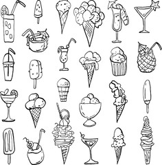 Collection of summer cold dessert ink doodles. Ice cream and cocktail. Vector stock set. Cute icons. Can be used for printed materials. Food holiday background. Hand drawn design elements.