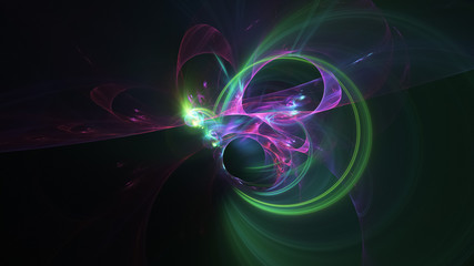 Abstract transparent green and purple crystal shapes. Fantasy light background. Digital fractal art. 3d rendering.