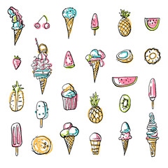 Collection of summer cold dessert ink doodles. Ice cream and fruits. Vector stock set. Cute icons. Can be used for printed materials. Food holiday background. Hand drawn design elements. 