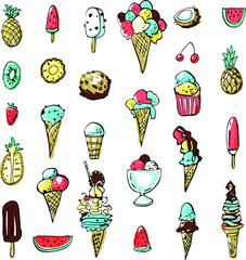 Collection of summer cold dessert ink doodles. Ice cream and fruits. Vector stock set. Cute icons. Can be used for printed materials. Food holiday background. Hand drawn design elements. 