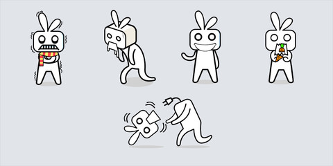 Fototapeta premium White box like rabbit robot cartoon character design. Action expression and emotion set cold, puke, smile, bite a carrot and fall out unplug head.