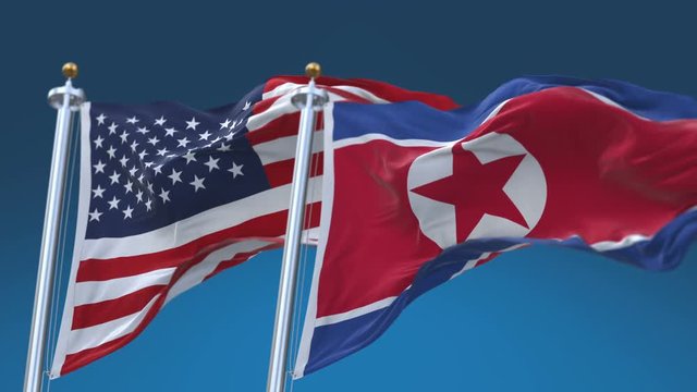 4k Seamless United States of America And North Korea Flags with blue sky background;A fully digital rendering;The flag 3D animation loops at 20 seconds;USA US PRK KP.