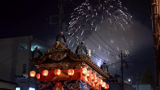 A float and fireworks at the winter festival in Chichibu, Saitama