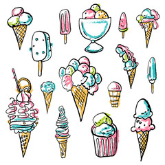 Collection of summer cold dessert ink doodles. Ice cream and fruits. Vector stock set. Cute icons. Can be used for printed materials. Food holiday background. Hand drawn design elements. 