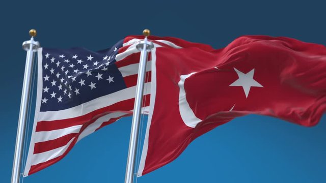 4k Seamless United States of America And Turkey Flags with blue sky background;A fully digital rendering;The flag 3D animation loops at 20 seconds;USA US TUR TR.