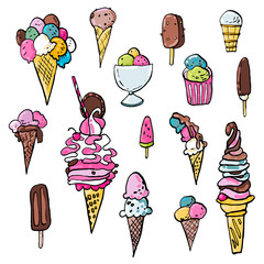 Collection of summer cold dessert ink doodles. Ice cream and fruits. Vector stock set. Cute icons. Can be used for printed materials. Food holiday background. Hand drawn design elements. 