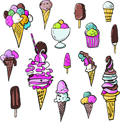 Collection of summer cold dessert ink doodles. Ice cream and fruits. Vector stock set. Cute icons. Can be used for printed materials. Food holiday background. Hand drawn design elements. 