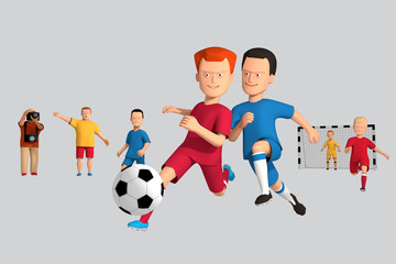 Fototapeta na wymiar 3d illustration boys football players run with a ball. Around experiencing fans. Isolate 3d modeling