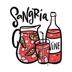 Sangria hand drawn vector lettering and illustration. Spanish Cocktail. Jug with drink, bottle and glass. Isolated on white background.
