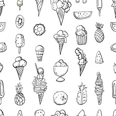 Seamless pattern of summer cold dessert ink doodles. Cool ice creams and fruits. Vector stock set. Cute icons. Can be used for printed materials. Food holiday background. Hand drawn design elements.