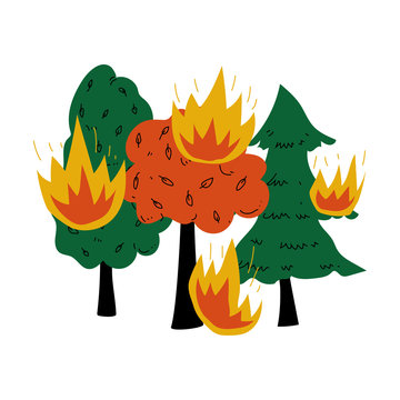 Burning Forest Wildfire Disaster Ecological Problem Vector Illustration